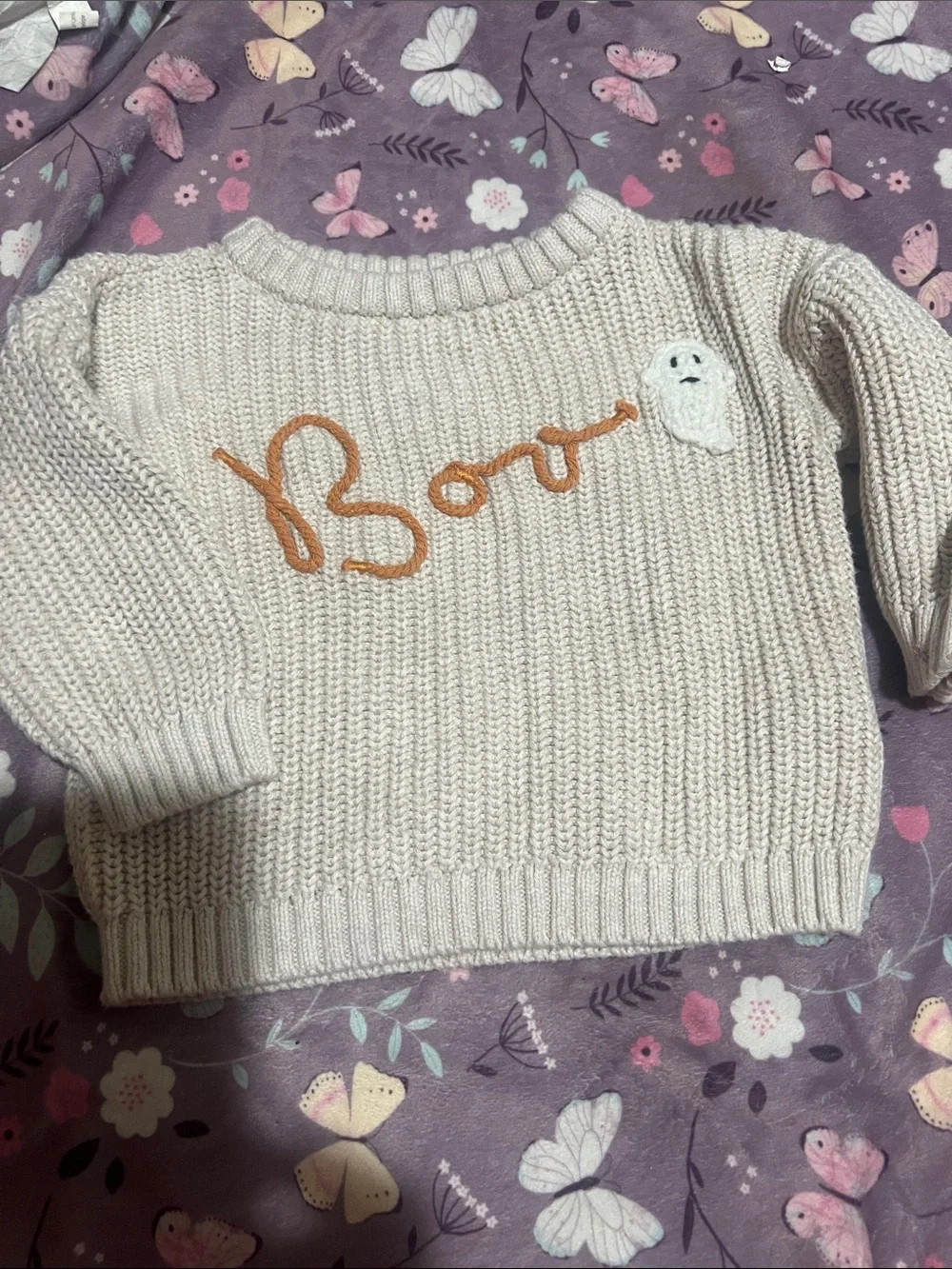 Kids Cream Knit Sweater with Embroidered 'Boo' Detail